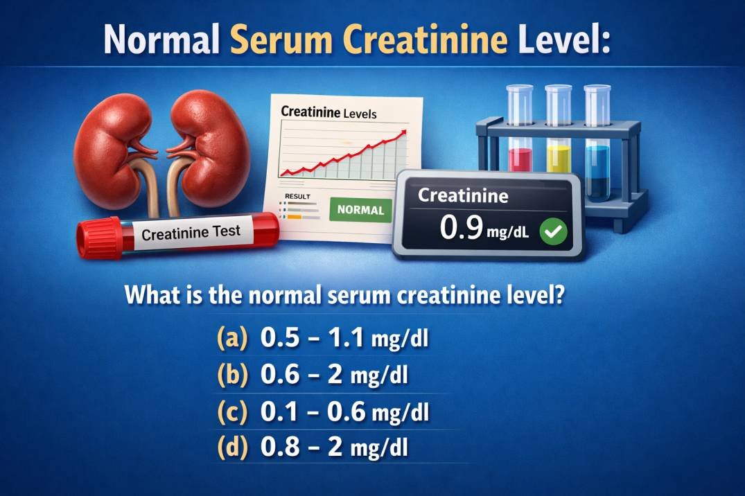 Nursing mcq question Normal serum creatinine level (a) 0.5-1.1 mgdl (b) 0.6-2 mgdl (c) 0.1-0.6 mgdl (d) 0.8-2 mgdl