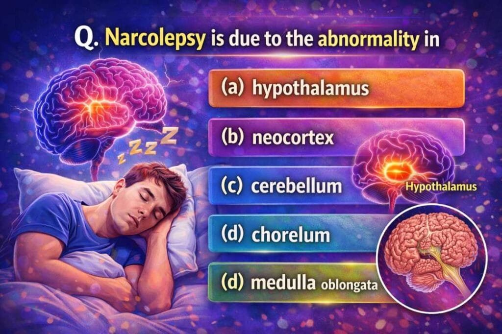 Narcolepsy is due to abnormality in hypothalamus – nursing MCQ with options hypothalamus, neocortex, cerebellum, medulla oblongata