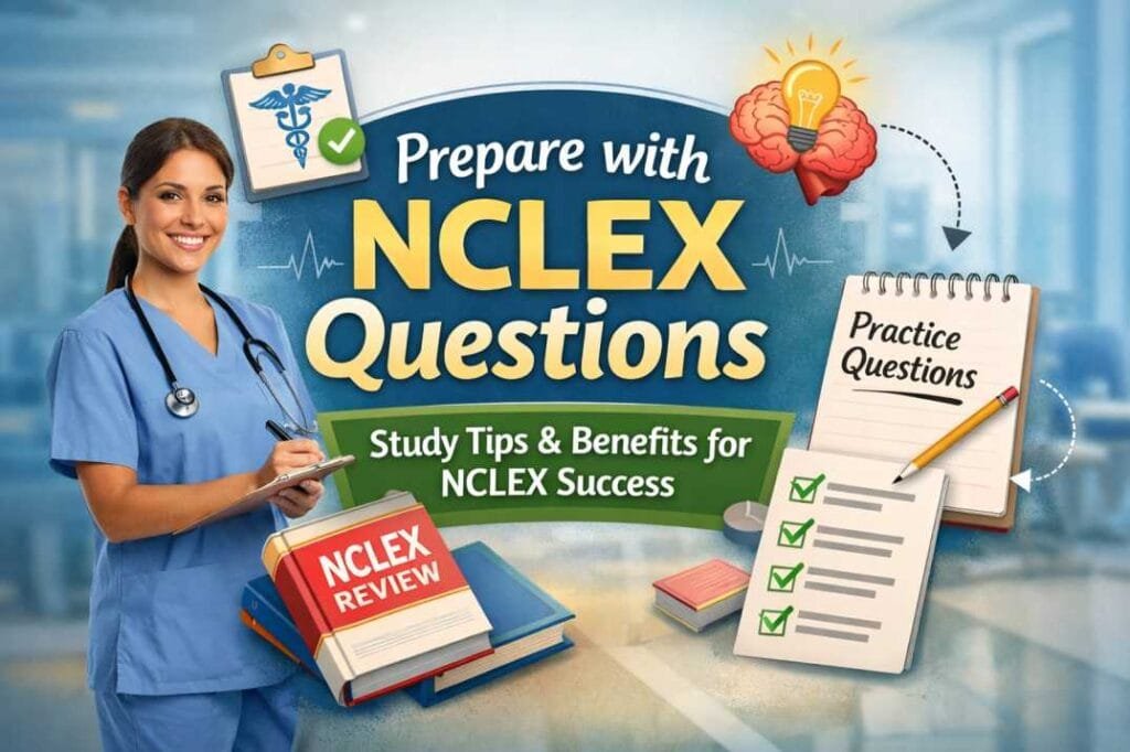 Smiling nurse holding a clipboard with NCLEX review books, highlighting NCLEX questions and practice tips for exam success