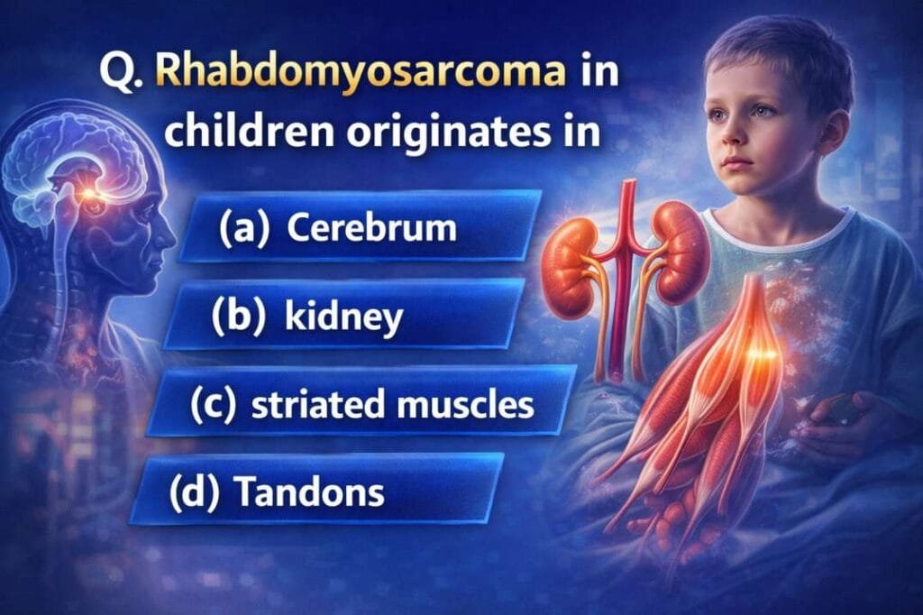 Nursing MCQ asking “Rhabdomyosarcoma in children originates in” with options cerebrum, kidney, striated muscles, and tendons, shown with child patient and anatomical muscle visuals.