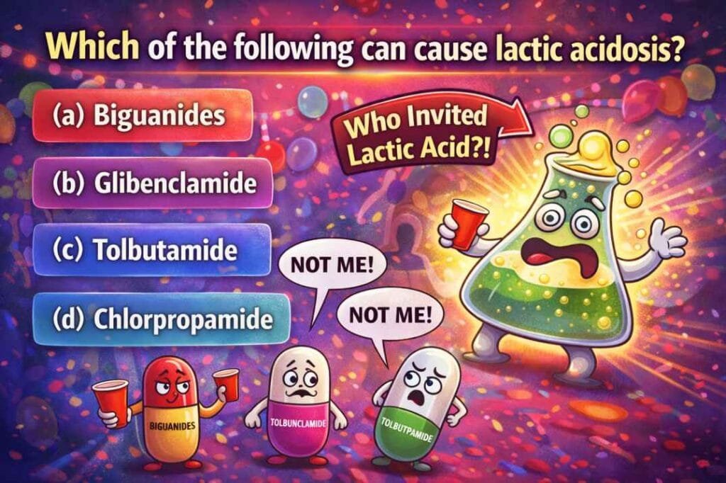 Funny nursing MCQ thumbnail asking “Which of the following can cause lactic acidosis?” with drug options Biguanides, Glibenclamide, Tolbutamide, and Chlorpropamide, designed in a humorous medical style for exam preparation.