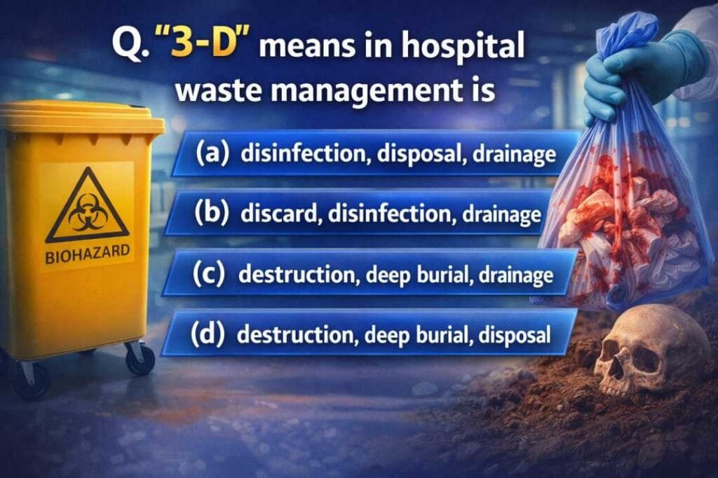 Nursing MCQ asking the meaning of “3-D” in hospital waste management with options disinfection disposal drainage, discard disinfection drainage, destruction deep burial drainage, and destruction deep burial disposal, shown with biohazard waste visuals.