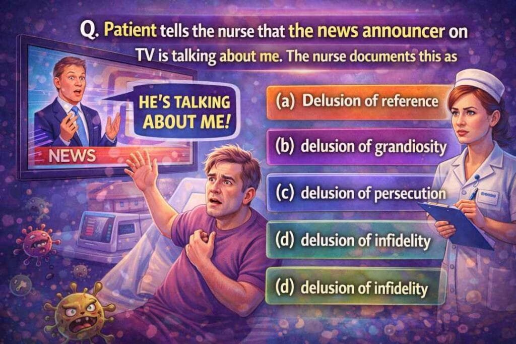 Digital illustration of a patient pointing at a TV, anxious, while a nurse takes notes. MCQ question about delusion of reference with four multiple-choice answers shown on the screen.