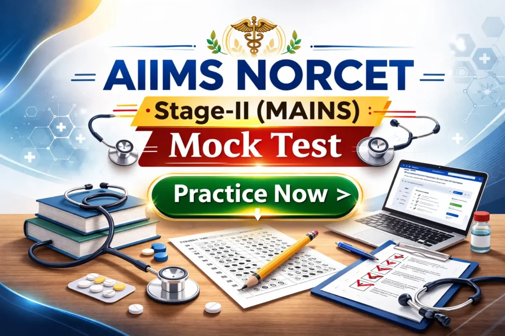 AIIMS NORCET Stage-II Mains Mock Test banner with medical visuals and Practice Now button