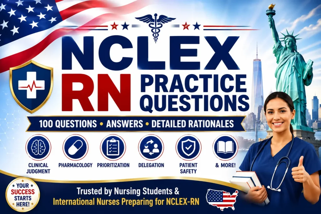 NCLEX RN Practice Questions banner featuring a U.S. flag, Statue of Liberty, nursing student, and study topics including clinical judgment, pharmacology, prioritization, delegation, and patient safety.
