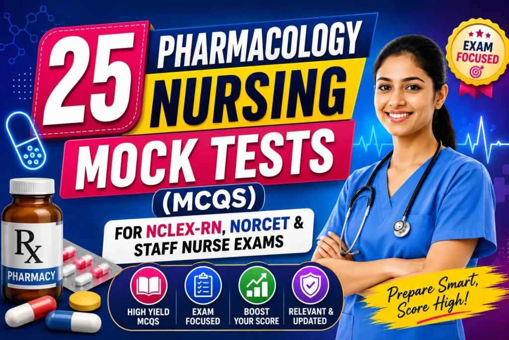 Colorful landscape banner showing a nurse, medicines, and the title "25 Pharmacology Nursing Mock Tests (MCQs) for NCLEX-RN, NORCET & Staff Nurse Exams" with pharmacy-themed graphics.