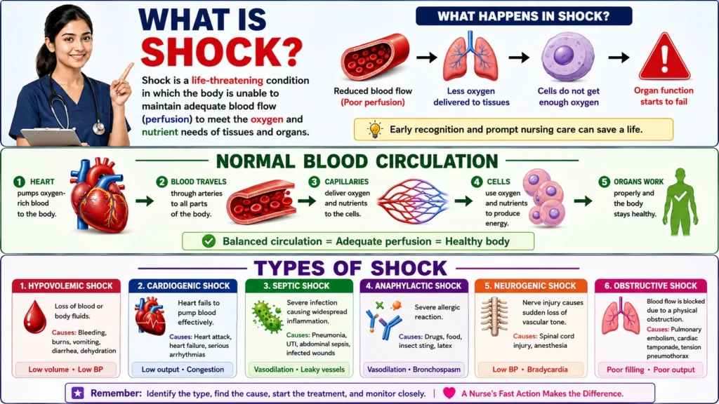 Colorful nursing infographic explaining what shock is, how reduced blood flow affects oxygen delivery, normal blood circulation, and the six major types of shock including hypovolemic, cardiogenic, septic, anaphylactic, neurogenic, and obstructive shock.