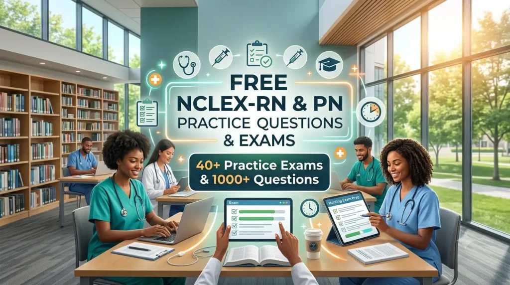 Nursing students studying in a library with an overlay reading Free NCLEX-RN and PN practice questions and exams featuring 40 plus practice exams and 1000 plus questions.