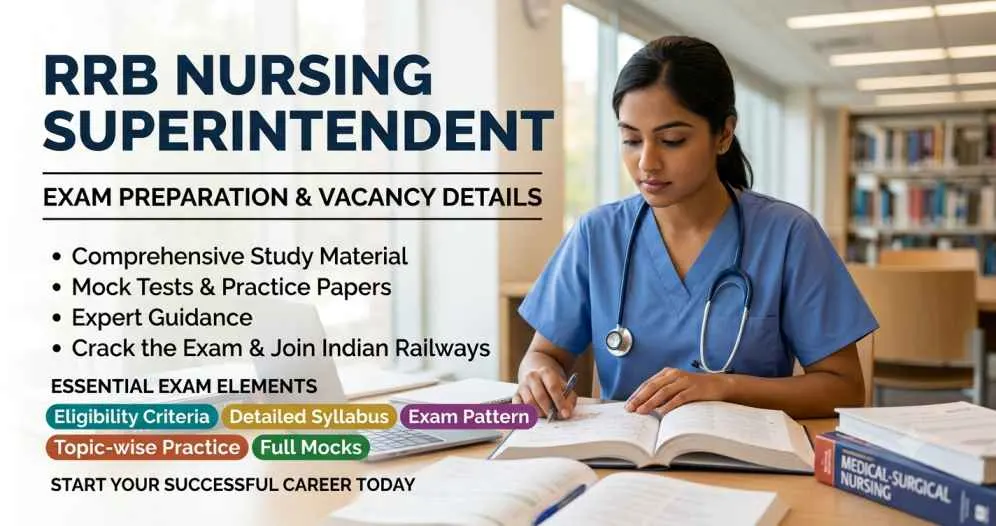 An educational poster image featuring a nurse in scrubs studying at a desk with books and a laptop, alongside text promoting RRB Nursing Superintendent exam preparation with study materials, mock tests, and syllabus.